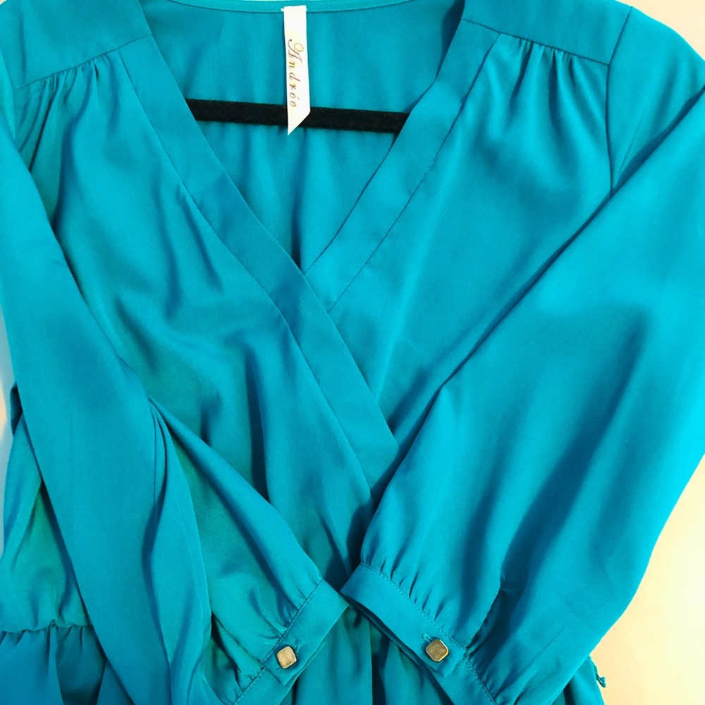 Andrée Teal Faux Wrap Dress, Size M, Womens